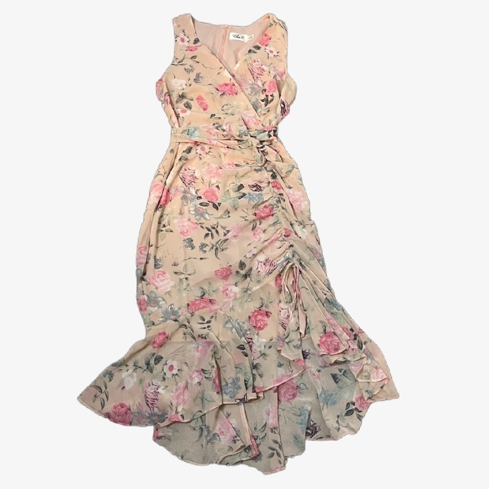 Eliza J. Sleeveless Ruched Chiffon Faux Wrap Dress Pink Floral Women's Size 8
